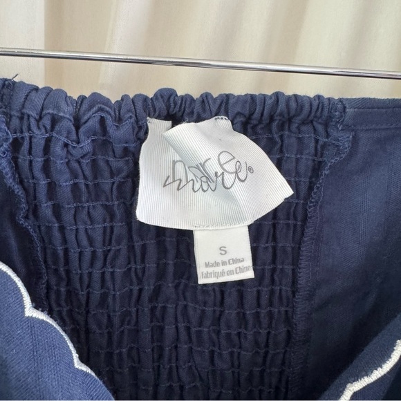 Anthropologie Mare Mare Puff-Sleeve Linen Wrap Blouse Navy White Scallop Sz Smal - Picture 8 of 9